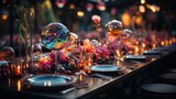 Decorated table in a restaurant with crystal ball and flowers. Table setting in a restaurant with crystal ball and flowers on the table. 