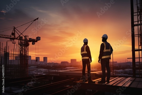 two man silhouette construction engineers supervising progress of construction project at construction site