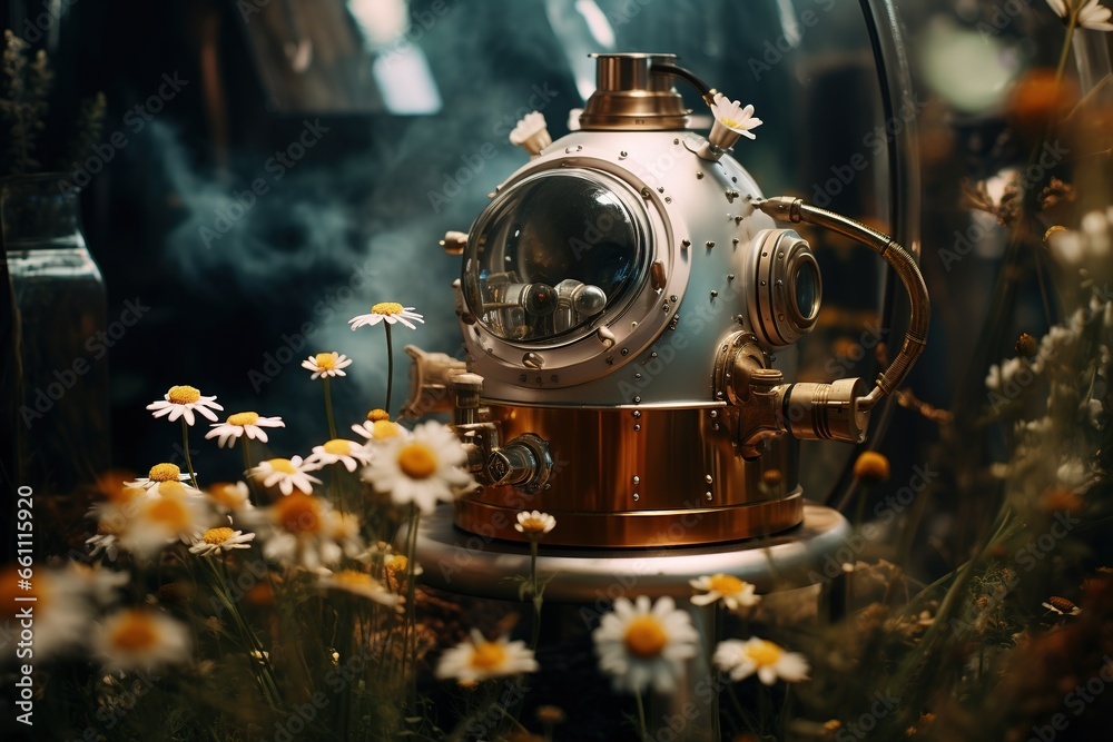 Fototapeta premium Generative AI, Essential oil extraction with distillery machine with chamomile flowers 