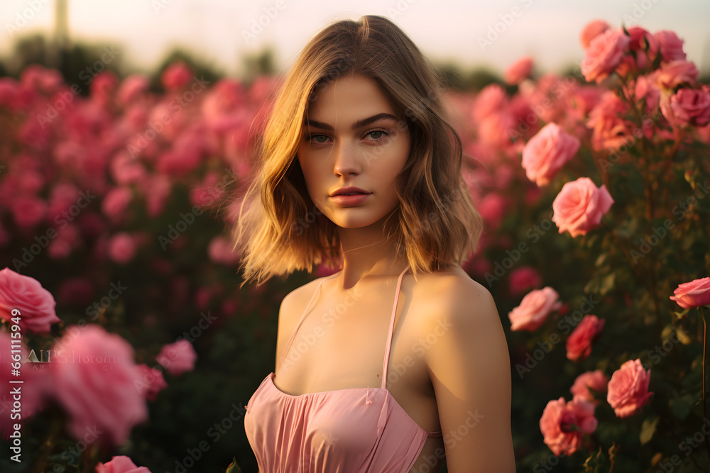 pretty woman in pink rose field, calm peaceful atmosphere, Generative AI pretty woman in pink rose field, calm peaceful atmosphere, Generative AI