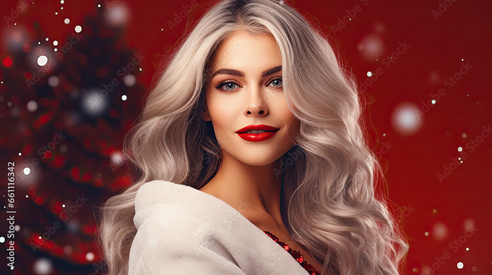 beautiful chic woman model dressed as Santa Claus, smiling. Christmas look