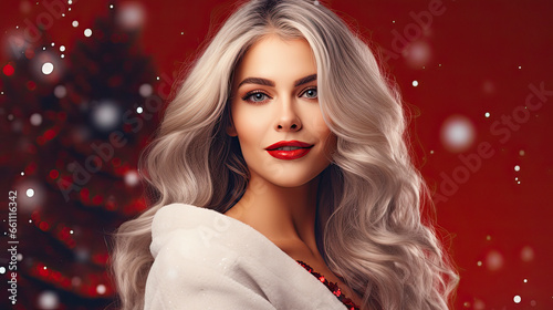 beautiful chic woman model dressed as Santa Claus, smiling. Christmas look © ZoomTeam