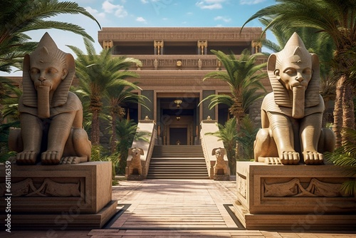 Entrance adorned with statues and sphinx leading to sacred Egyptian temple. Generative AI