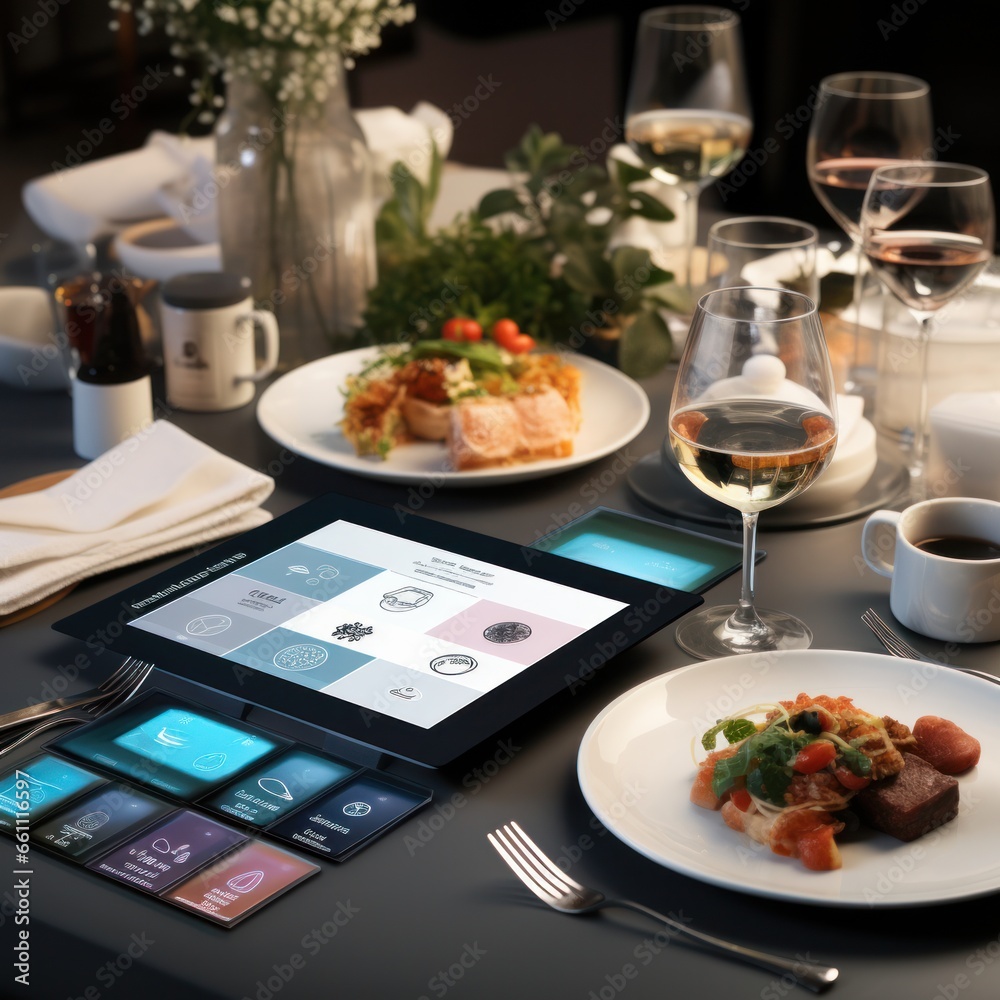 Table set for dinner with different food and devices on table in ...