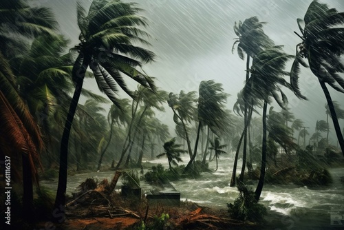Start of cyclone, swirling palm trees amidst gloomy storm, rainy season in tropics. Generative AI