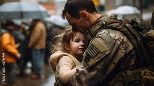 Father in full military uniform He was hugging his daughter to say goodbye to go on a mission generative ai