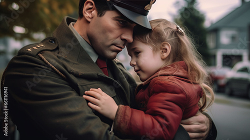 Father in full military uniform He was hugging his daughter to say goodbye to go on a mission