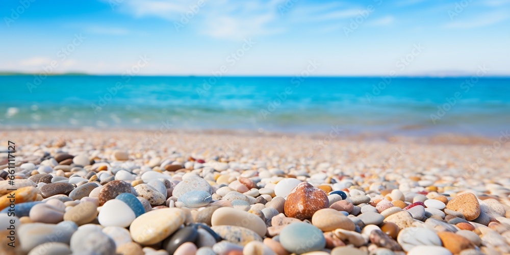A close up view of smooth polished multicolored stones washed ashore on the beach, shiny bright blue sky and sea, with copy space. A close up view of smooth polished multicolored stones washed ashore on the beach, shiny bright blue sky and sea, with copy space.