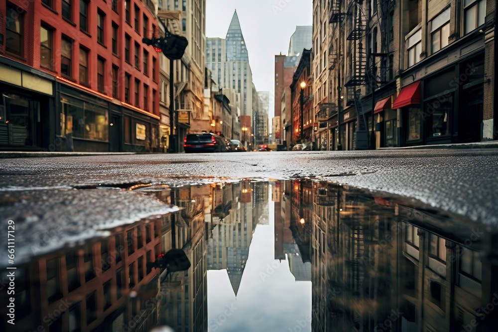 Rainy Day Reflection in Urban Puddle. - obrazy, fototapety, plakaty 