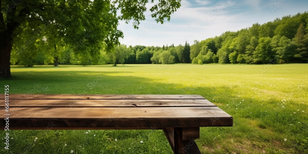 Empty wooden picnic table on a green meadow with trees on back with shadows in a open park space, idea of outdoor picnic, hiking, with copy space. Empty wooden picnic table on a green meadow with trees on back with shadows in a open park space, idea of outdoor picnic, hiking, with copy space.