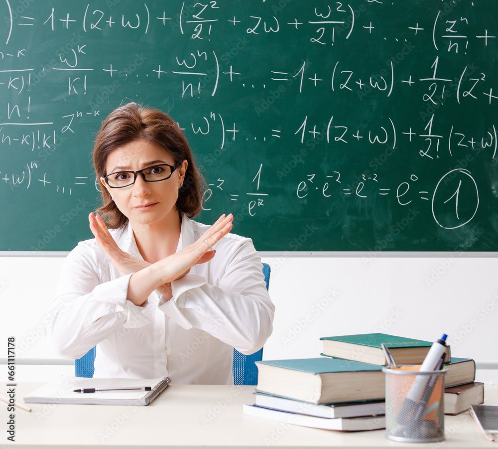 Female math teacher in front of the chalkboard Female math teacher in front of the chalkboard