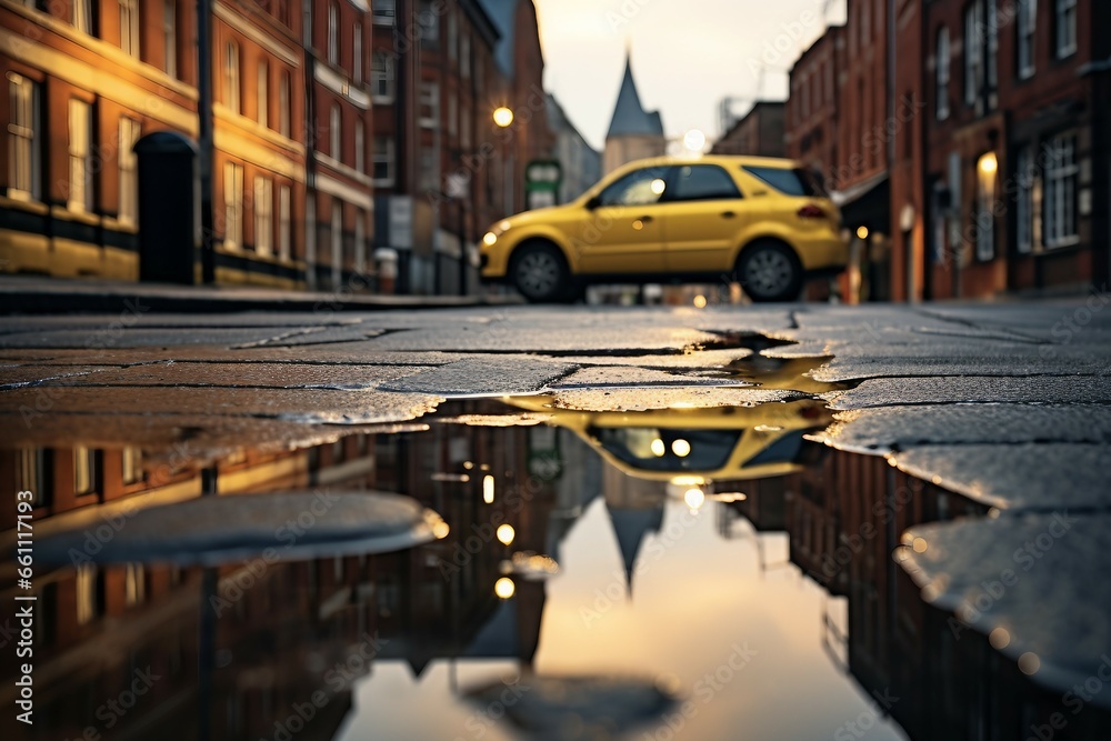 Rainy Day Reflection in Urban Puddle.