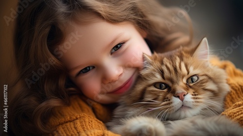 Portrait of a cute toddler girl embracing adorable tabby cat with yellow eyes. Loving kit hugging her cute long hair kitty in a warm sunshine autumn day. Background  copy space  close up. 