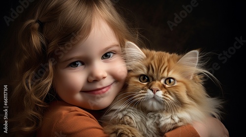 Portrait of a cute toddler girl embracing adorable tabby cat with yellow eyes. Loving kit hugging her cute long hair kitty in a warm sunshine autumn day. Background, copy space, close up. 