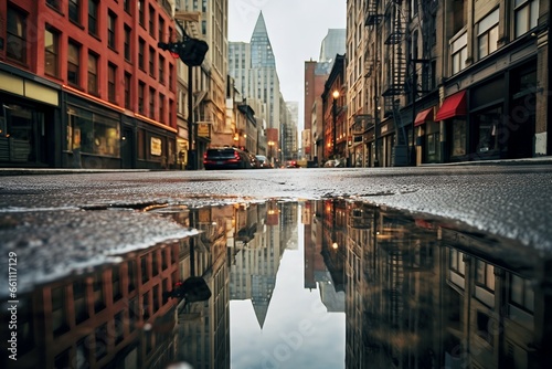 Rainy Day Reflection in Urban Puddle.