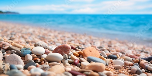 A close up view of smooth polished multicolored stones washed ashore on the beach, shiny bright blue sky and sea, with copy space.