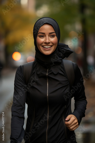 Arab Woman in Veil and Hijab Going for a Run in the City photo