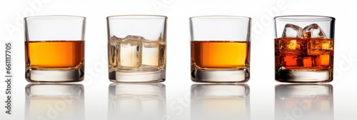 Whiskey glasses with reflection, isolated on white.generative ai