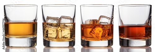 Whiskey glasses with reflection, isolated on white.