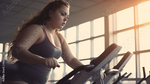Fat woman in the new modern gym day time photo