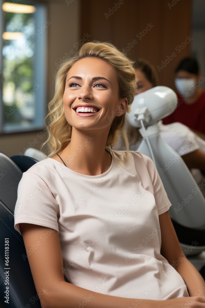 Young woman sitting in the dentist chair, created with generative AI Young woman sitting in the dentist chair, created with generative AI