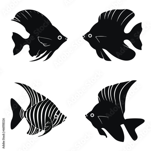 Angelfish silhouettes and icons. Black flat color simple elegant Angelfish animal vector and illustration.