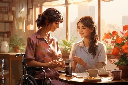 A compassionate young woman cares for her disabled mother  providing support and companionship. Together  they navigate life with strength and love  sharing moments that inspire and warm the heart.