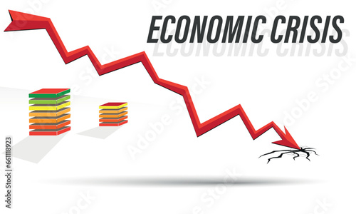 Financial crisis, drop in financial profitability, business failure, economy crash, bankruptcy unpaid loan debt. Down money arrow, negative chart, losing profits. Global economic money problem
