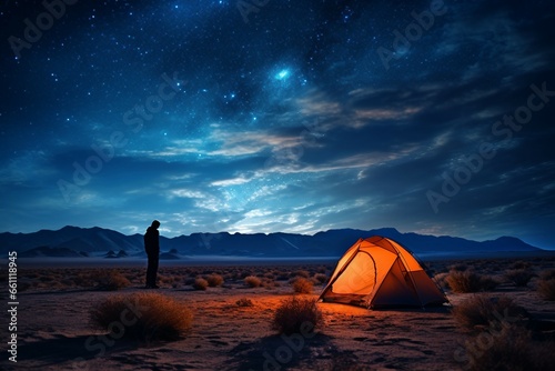 A Backpacker Camping under the Stars in Remote Isolation.