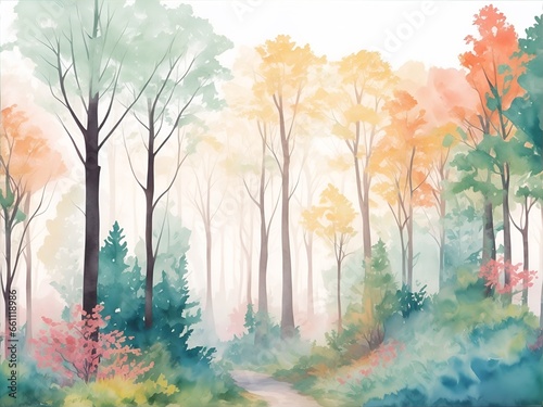 Beautiful watercolor paint of forest. AI generated illustration