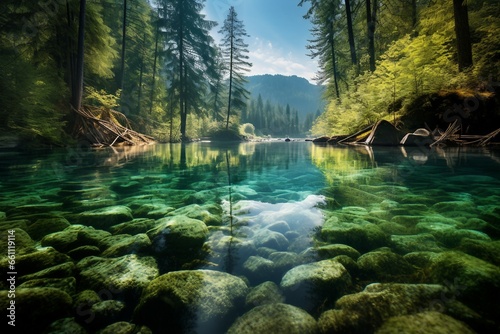 Crystal Clear Lake Surrounded by Dense Forest. © Usmanify