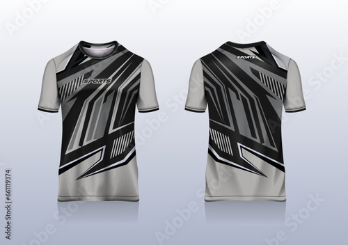 Sport jersey template mockup stripe line abstract design for football soccer, racing, esport, running, black gray color