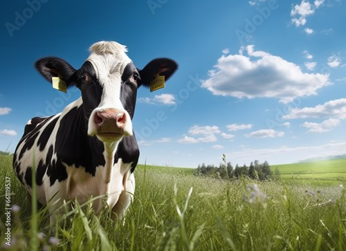 A cow peacefully grazing in a lush green field, under the expansive blue sky, enjoying a serene moment in the countryside.