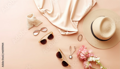 Chic women's fashion accessories and a glamorous ensemble are elegantly displayed on a soft beige pastel background, offering ample copy space. Ideal for promoting shopping sales and showcasing female