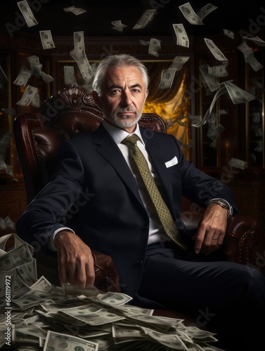 Serious and calm rich grandpa in a business suit with a lot of banknotes flying around