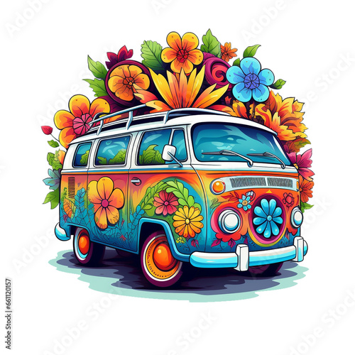 retro hippie van with flowers