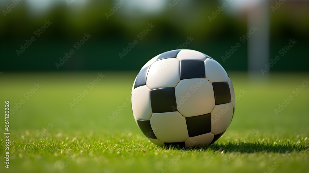 Fototapeta premium Close up of a Soccer Ball with white and anthracite Patterns. Blurred Football Pitch Background