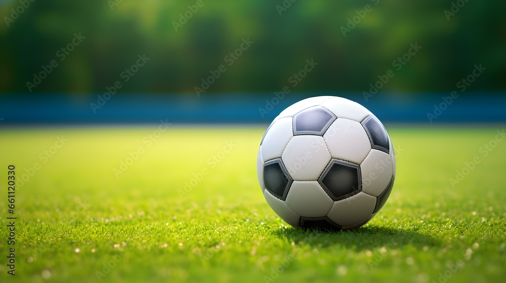 Close up of a Soccer Ball with white and anthracite Patterns. Blurred Football Pitch Background