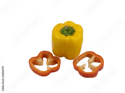 Sweet Yellow Color And Red Slice Bell Pepper Isolated With White Background Cutout photo