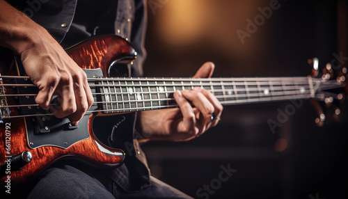 A close up photograph of a bass guitar player's hands skillfully maneuvering the strings, capturing their intricate movements. photo