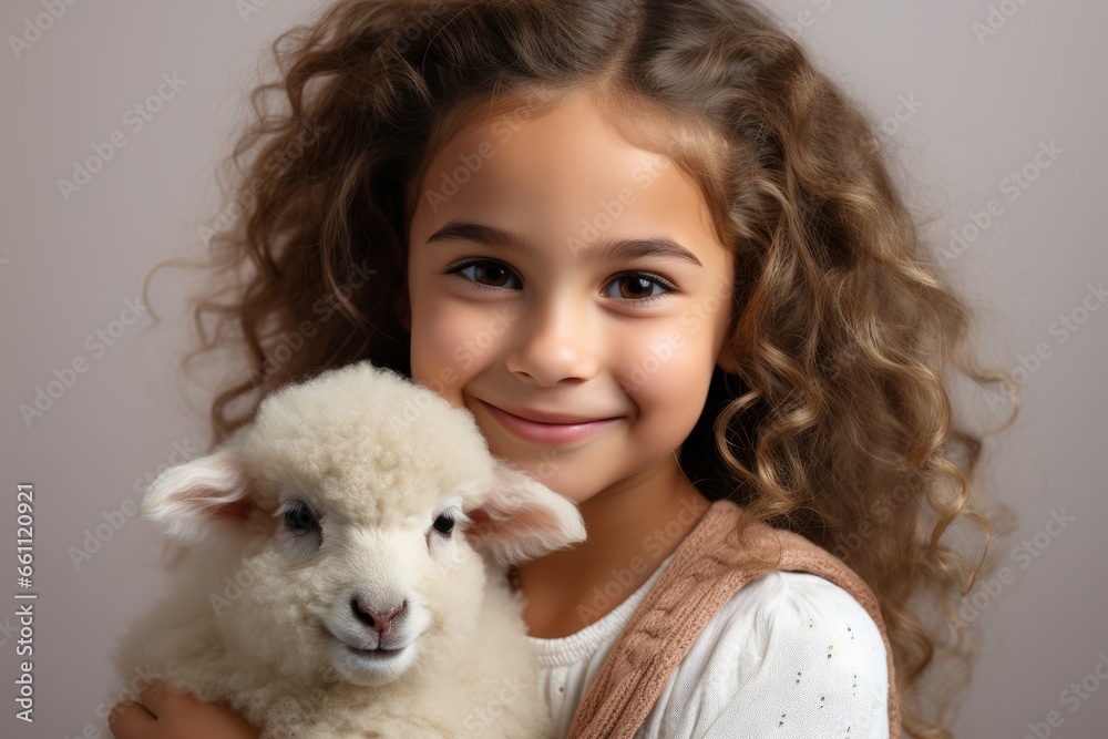 happiness cute girl children hand hold her love pet lamb standing against white wall playful kid with lamp lifesyle happiness cute girl children hand hold her love pet lamb standing against white wall playful kid with lamp lifesyle