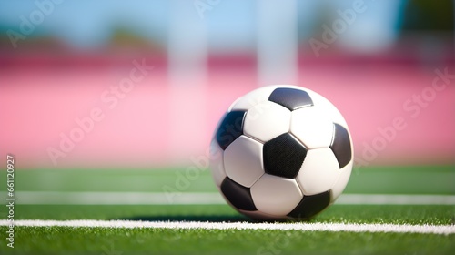 Close up of a Soccer Ball with white and black Patterns. Blurred Football Pitch Background