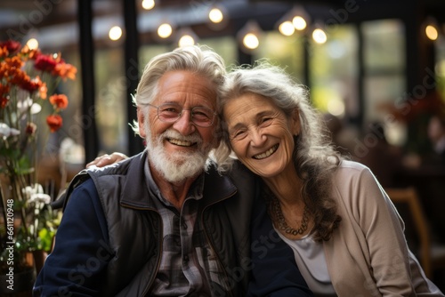 happiness cheerful sweet old marry couple smile relax positve emotion sit together in coffeeshop cafe restaurant background