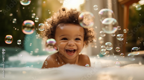 Happy baby while bathing, laughing and splashing in the tub.