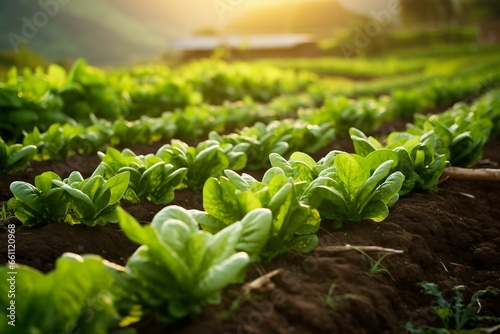 Lush Green Fields of Young Seedlings in a Vegetable Garden.