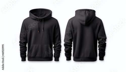 A versatile collection featuring both front and back views of black tee hoodie sweatshirts, providing an ideal mockup template for showcasing graphic artwork and design concepts.