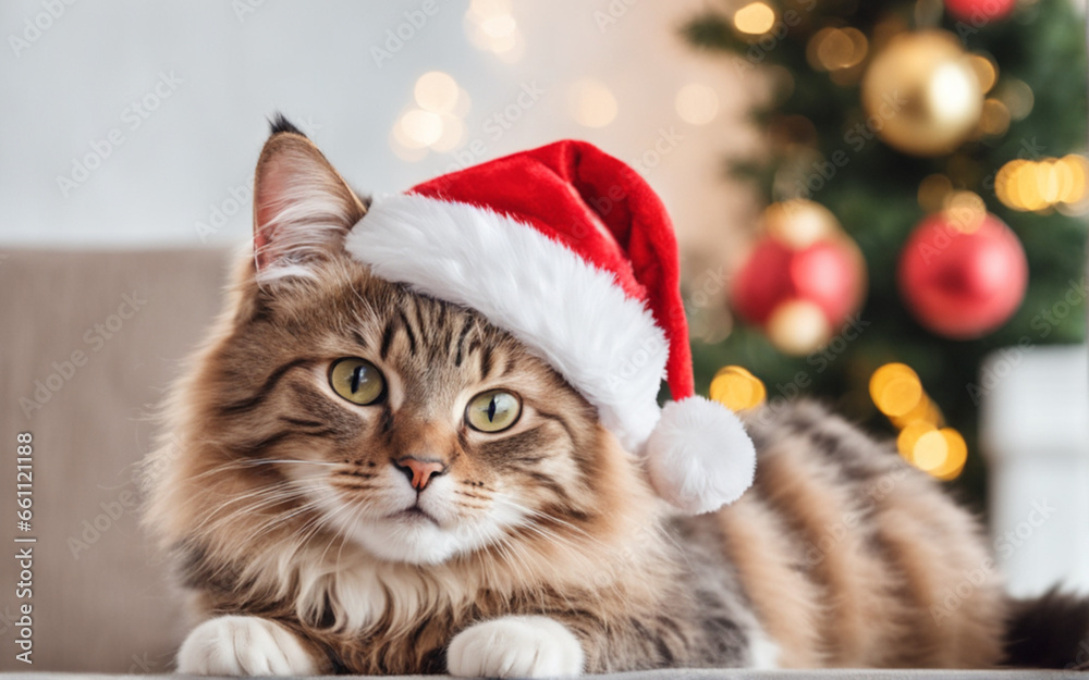 cat in a Santa Claus hat on the background of a Christmas tree cat in a Santa Claus hat on the background of a Christmas tree