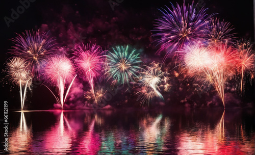 bright fireworks of different colors in the night sky near the river