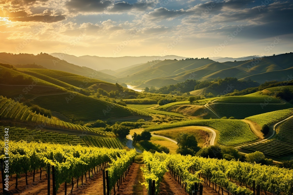 Rolling Hills of Grapevines in a Picturesque Winemaking Landscape.