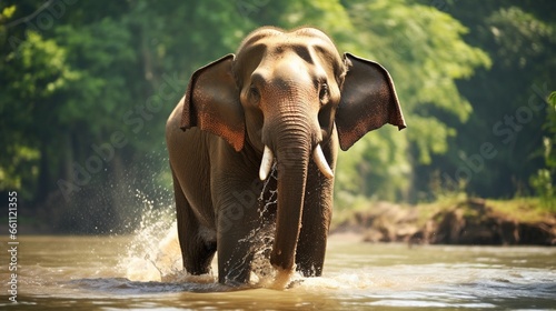 Elephant : Thai elephant walking in the river. (Male elephant with long ivory) , selective focus